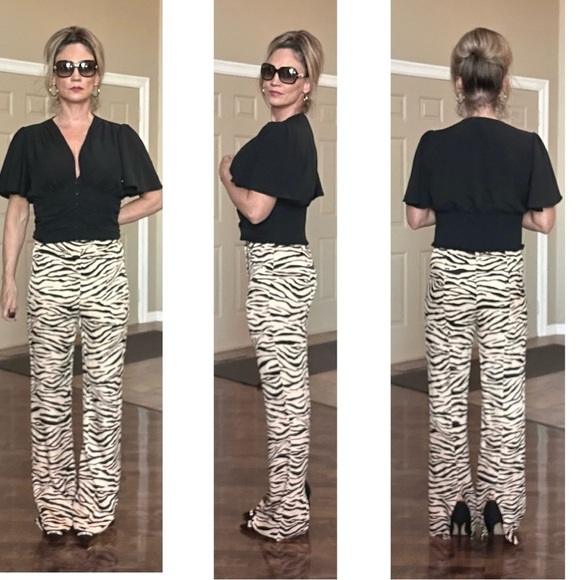 Zara cream black tiger animal print satin effect pyjama pants back slit NWT - Picture 3 of 14